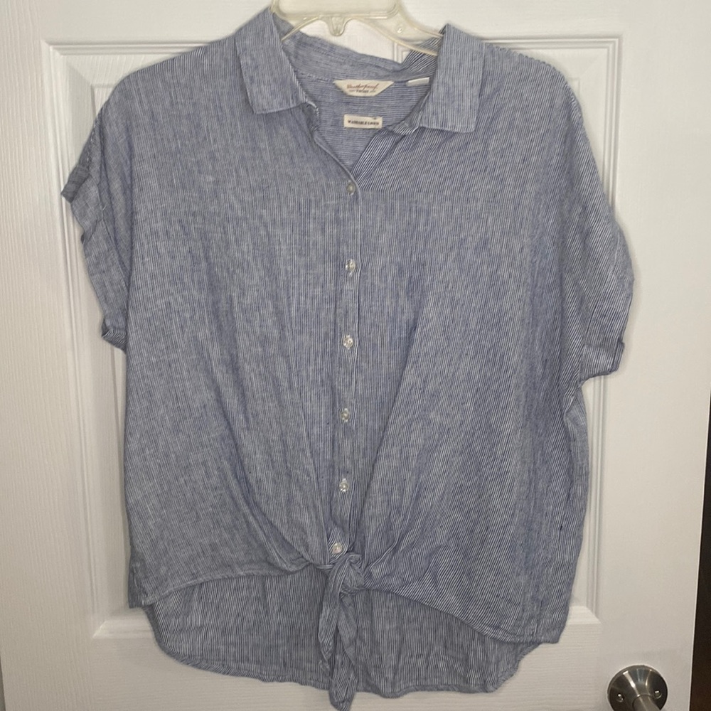 Cute blue and white striped tie front top size medium